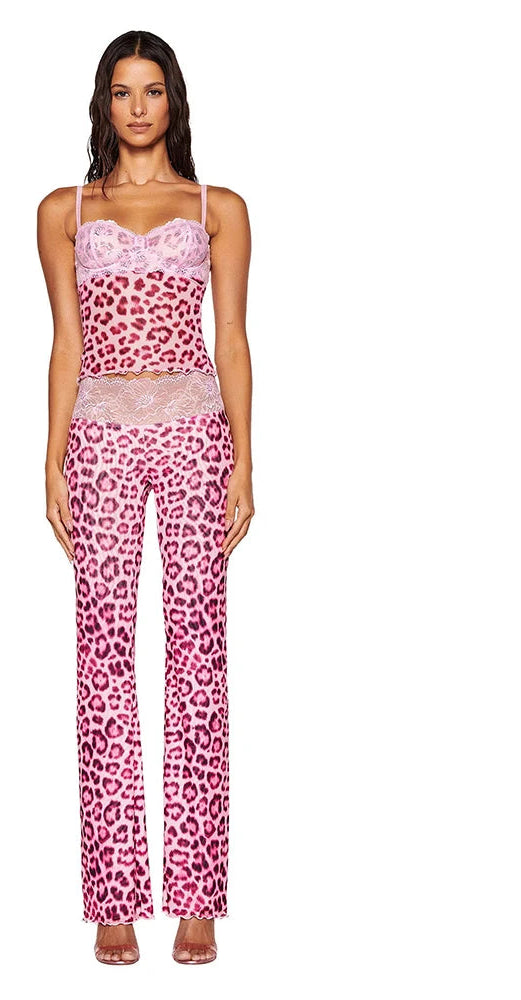 Tiered Leopard/Colorblock Lace Tank Top + Skinny Pants Women's 2-Piece Set