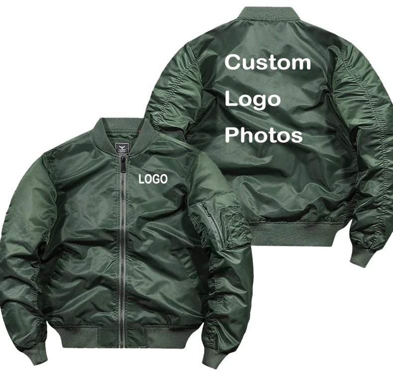 Men's Cargo Pocketed Customized Name/Logo Design Printed Zipper Bomber Jacket