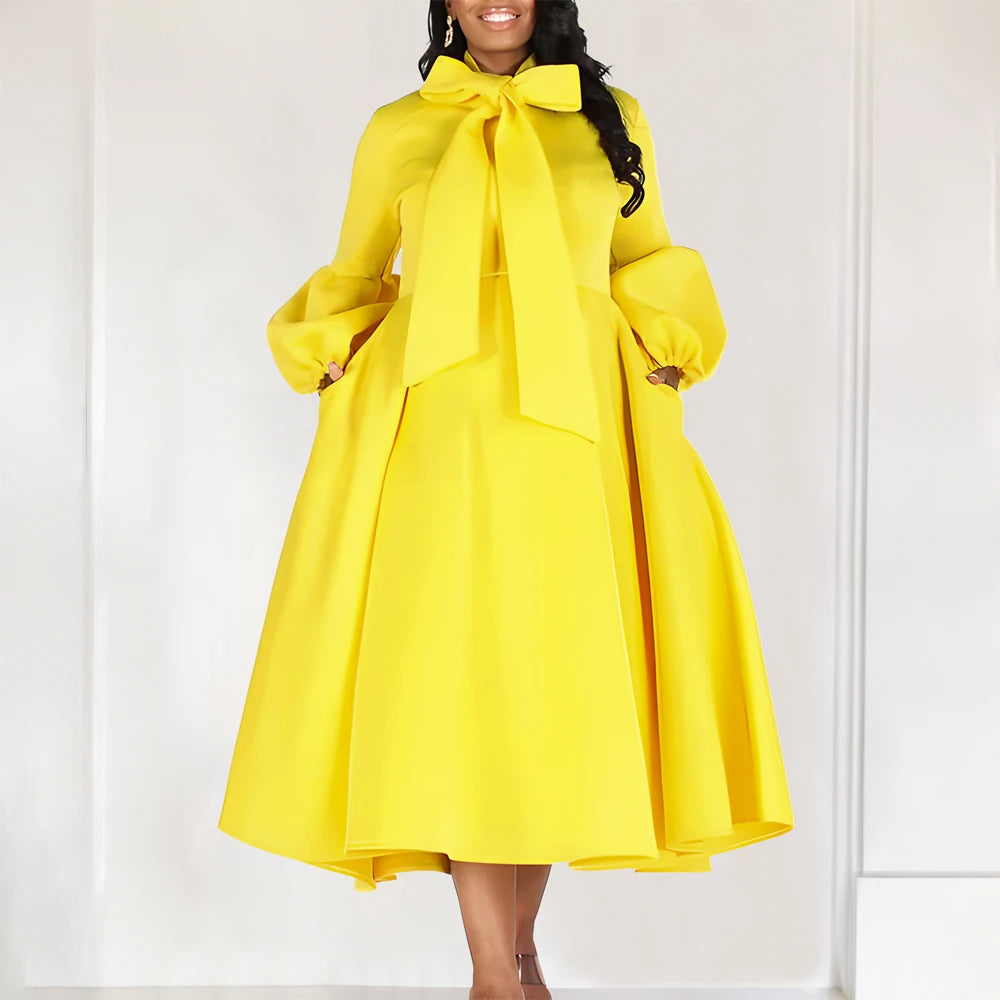 Vintage Solid Color Oversized Bowtie Collar Long Sleeve High Waist A-Line Midi Dress to 3X