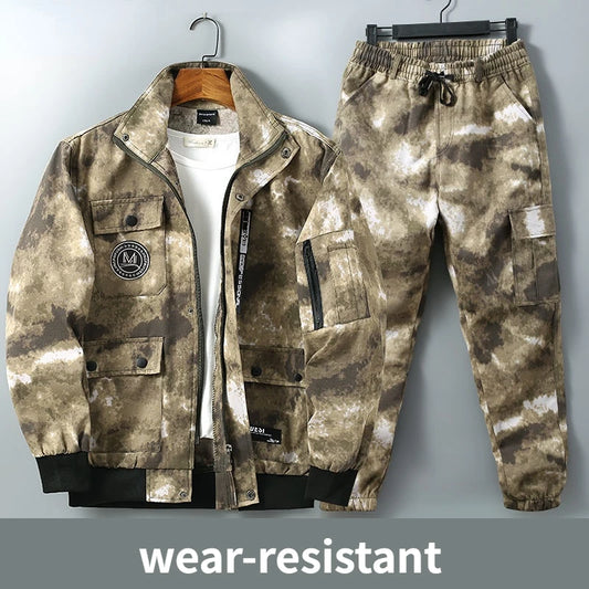 Men's Cotton Camoflauge Tie-Dye O-Neck Multi-Pocket Zipper Utility Jacket + Drawstring Cargo Sweatpants Tracksuit