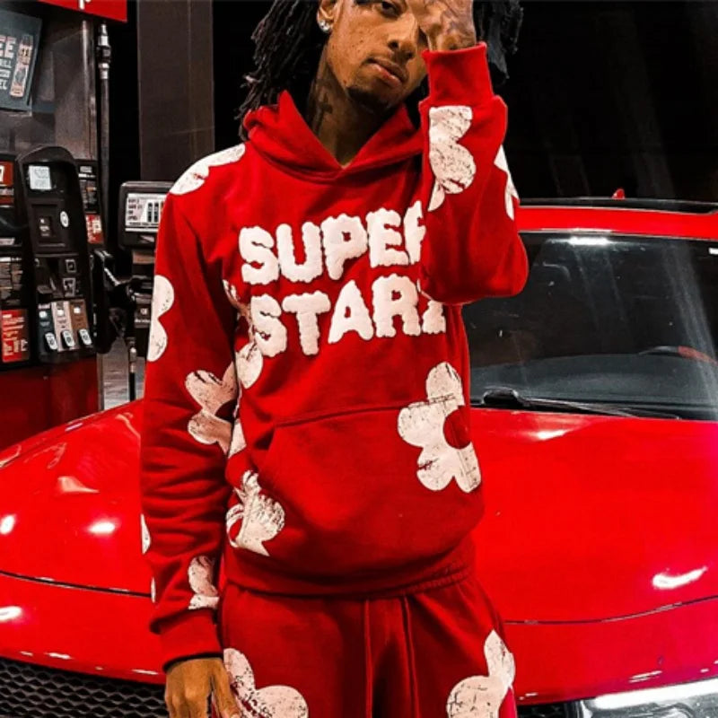 Men's "SUPERSTAR" Letter Print Big Flower Design Hoodie Sweatshirt + Drawstring Sweatants Hip-Hop Tracksuit