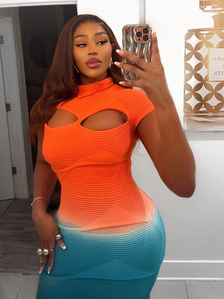 Orange/Turquoise Tassel Fringe Hem Colorblock Ripped Hem Hollow-Out Knitted Short Sleeve Bodycon Maxi Dress