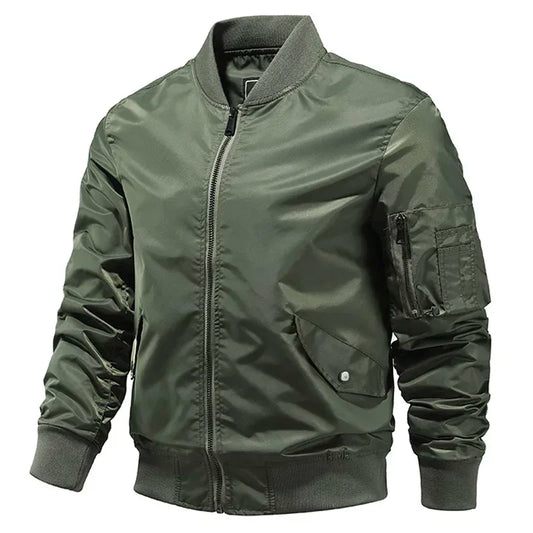 Men's Mandarin Collar Solid Color Cargo Multi-Pocket Zipper Bomber Jacket