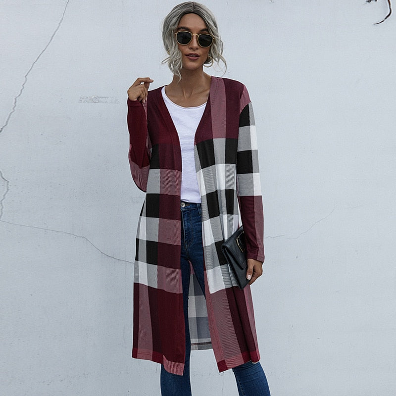 Checkered Plaid Ladies Maxi Cardigan