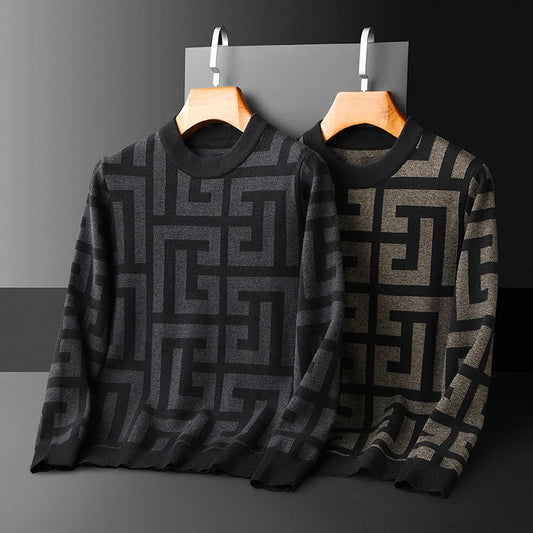 Men's Wool Geometric Colorblock Monogram Print Long Sleeve Computer Knitted O-Collar Sweater