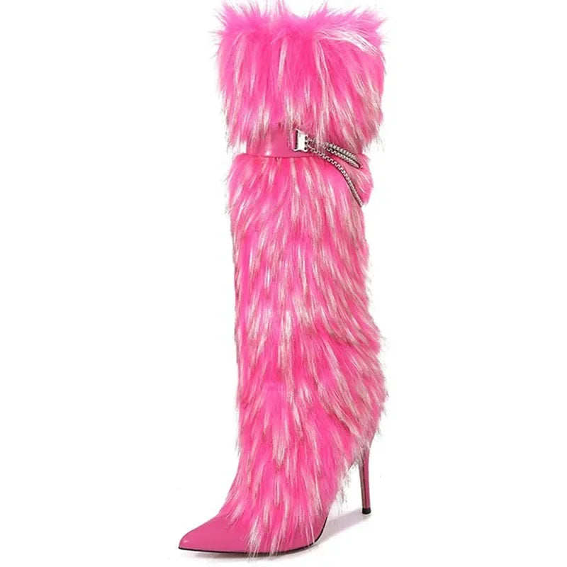 Shaggy Fur Stiletto Heel Pointed Toe Women's Knee-High Boots