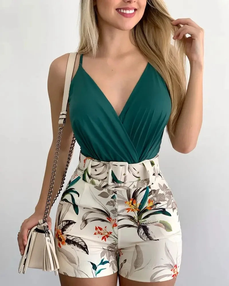 Ruched Camisole Solid Color Vest + Floral Print Shorts 2-Piece Sets OR Floral Halter Mini Dresses