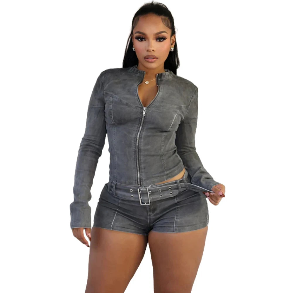 Denim Grey Faded Stretch Women's Long Sleeve Zipper Jacket + Streetwear Belted Jean Shorts 2-Piece Set