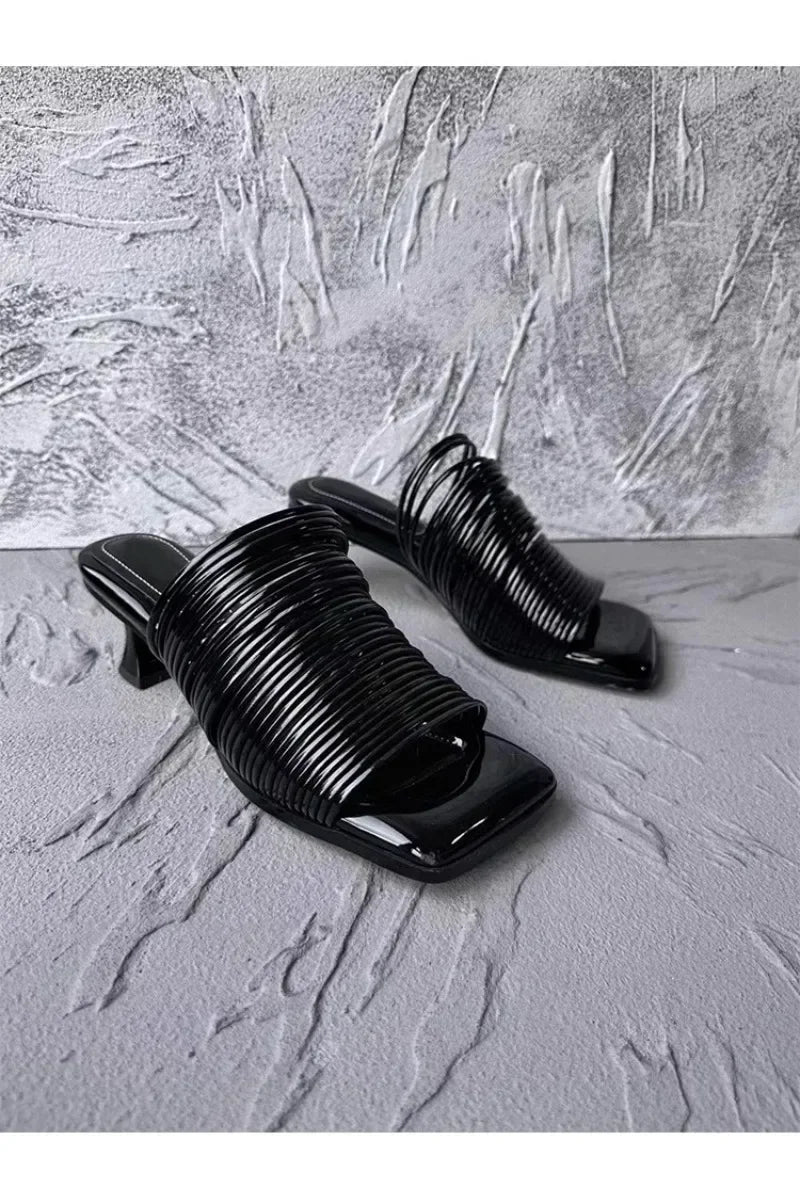 Metallic Square Toe Women's Solid Color Low Heel Sandals