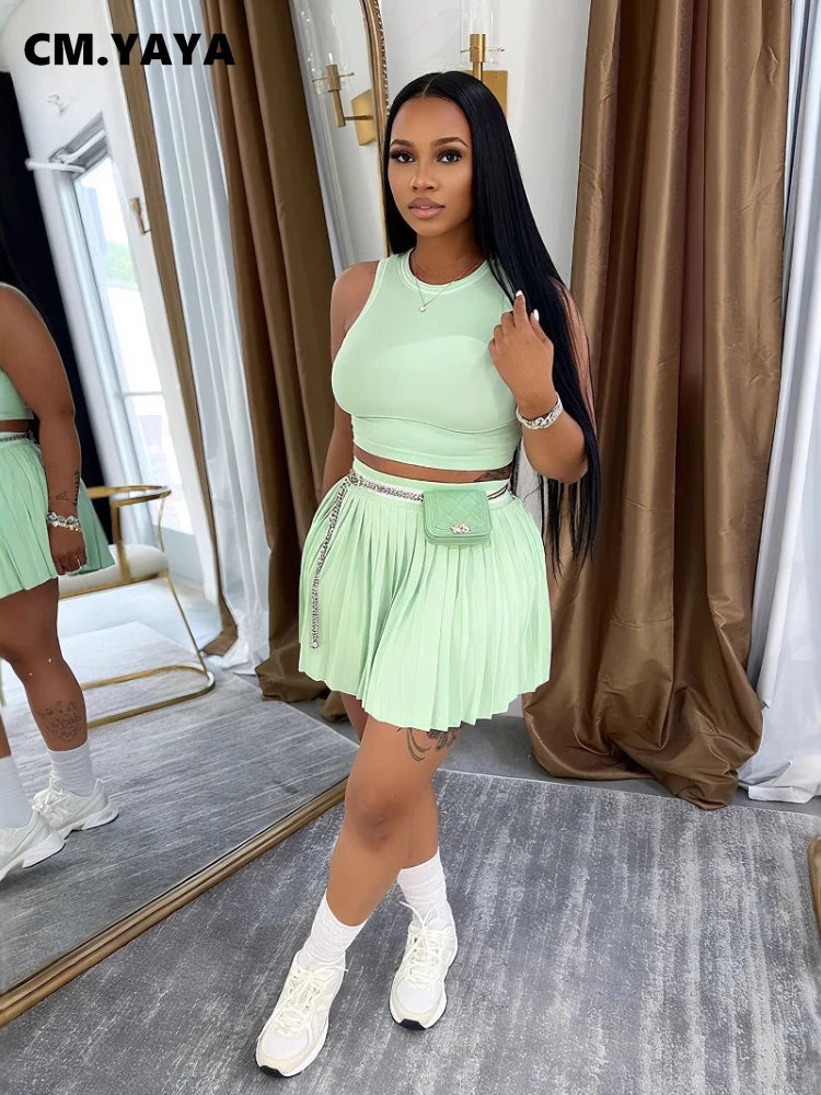 Sleeveless Solid Color O-Neck Crop Tank Top + Pleated Mini Tennis Skirt Women's Fitness 2-Piece Set
