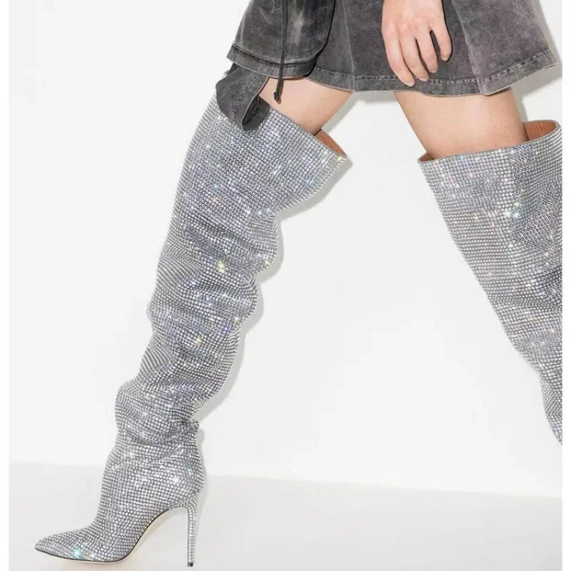 Ruched Sparkling Glitter Pleated High Heel Knee High Boots