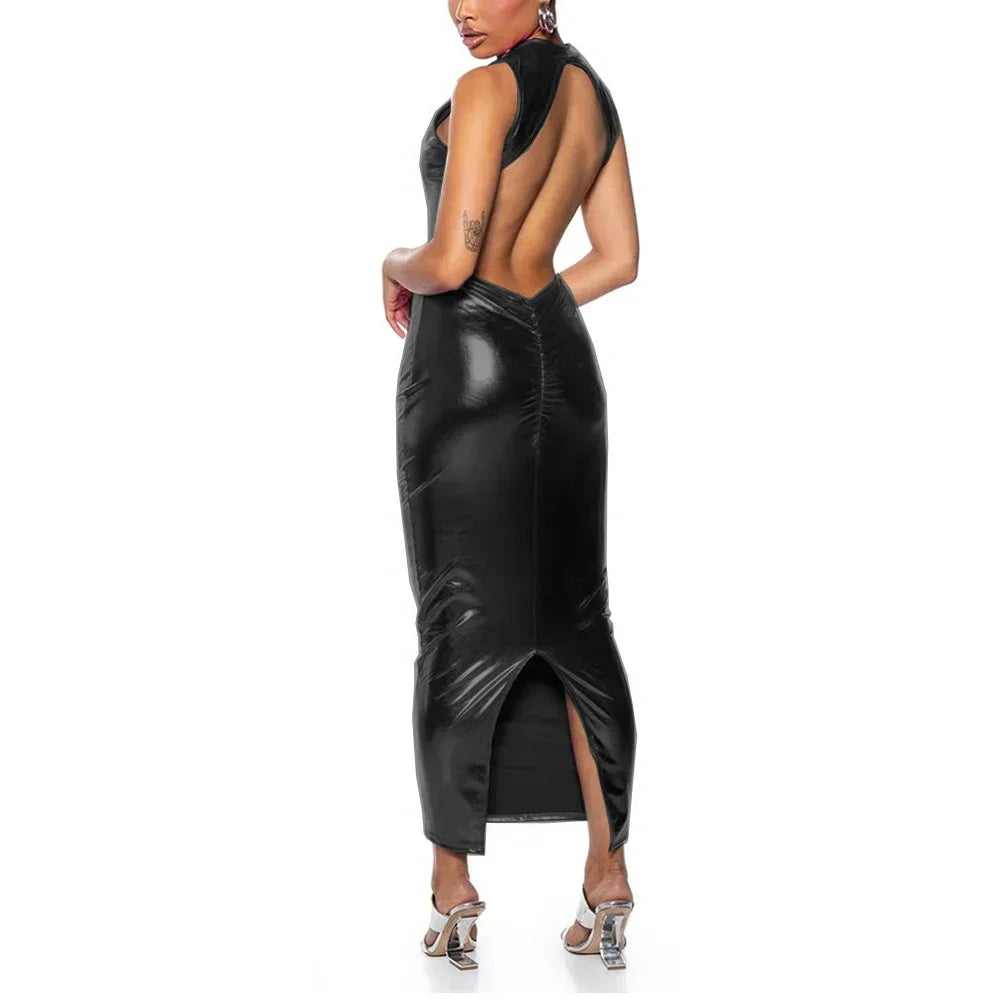 Shiny PU Leather Metallic Backless Sleeveless High Back Slit Bodycon Formal Maxi Party Dress to 3X Plus Size