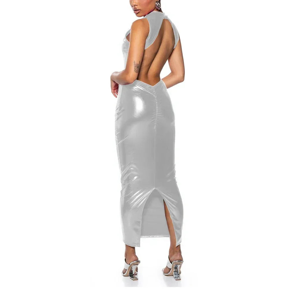 Shiny PU Leather Metallic Backless Sleeveless High Back Slit Bodycon Formal Maxi Party Dress to 3X Plus Size