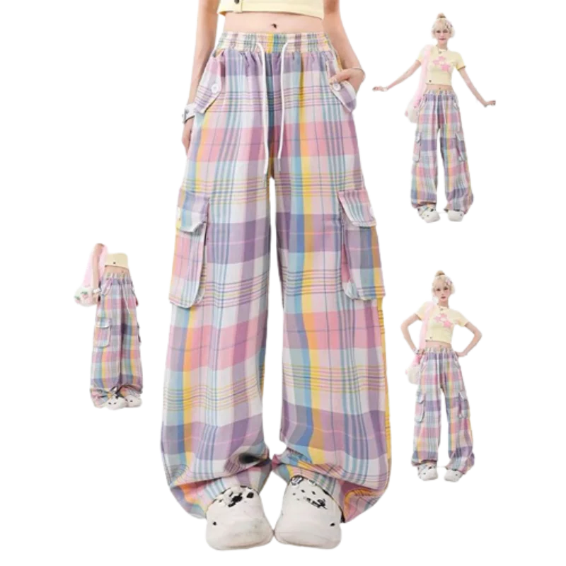Pastel Plaid Spliced High Waist Drawstring Women's Baggy Streetwear Cargo Pants