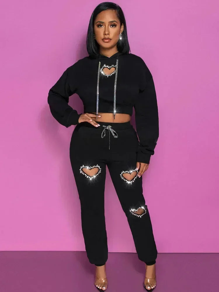 Rhinestone Heart Cut-Out Long Sleeve Women's Hoodie Tracksuit