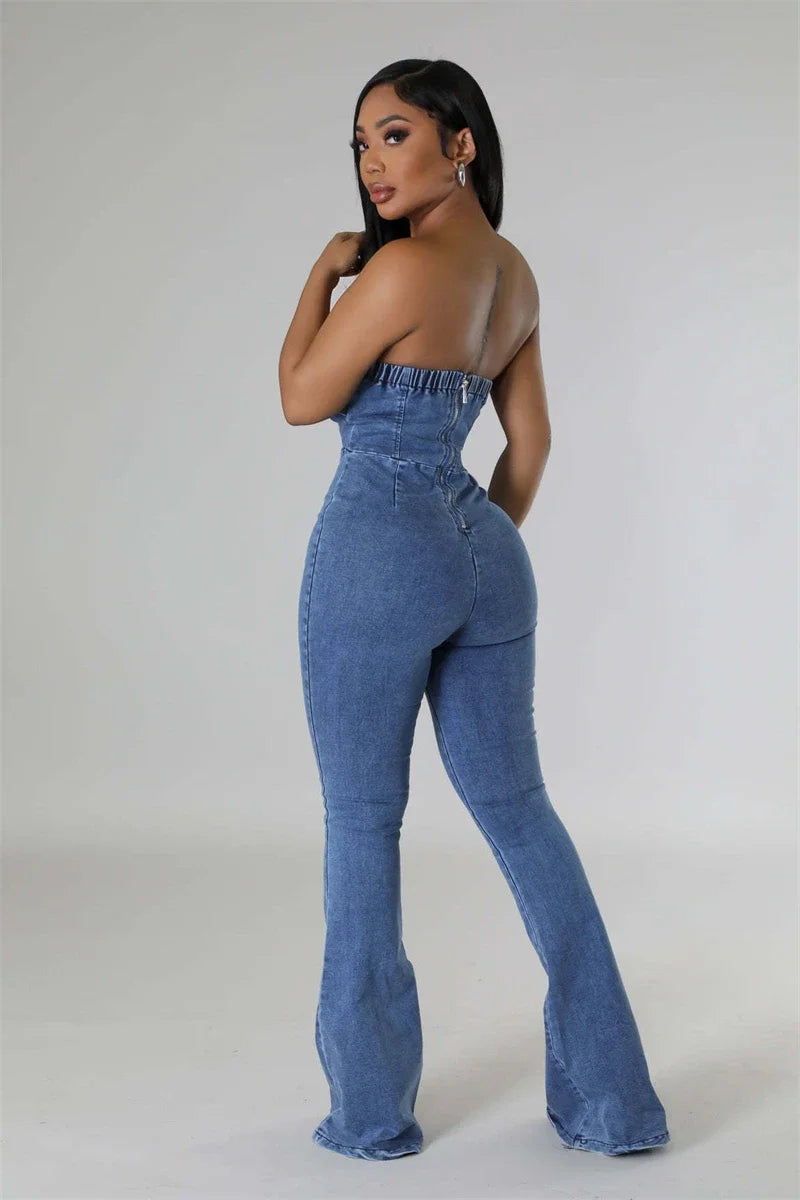 Denim Tube Top Buckle Strap Design Strapless Belt Flare Jean Jumpsuit