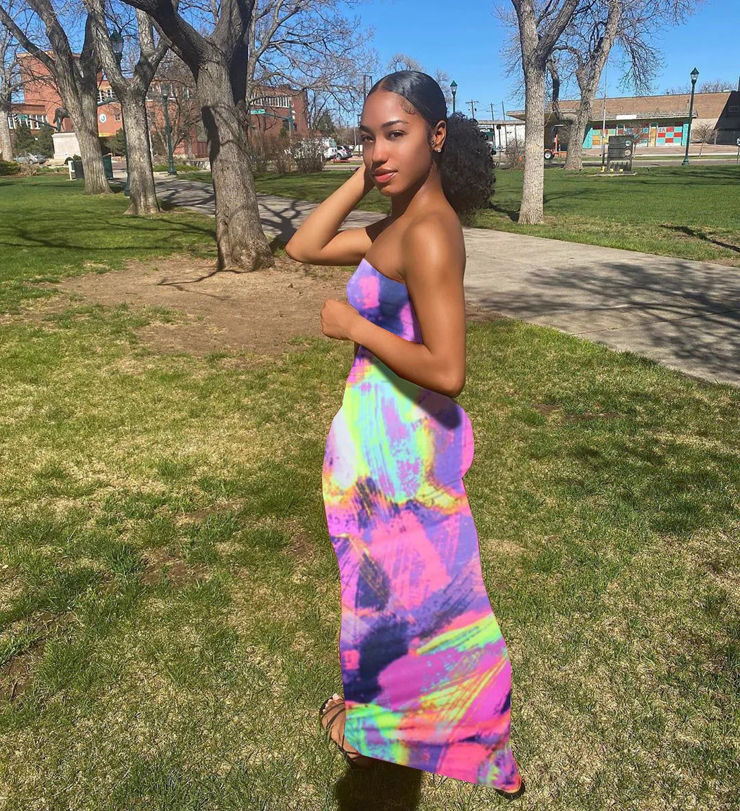 Sleeveless Tube Top Design/Long Sleeve Striped Colorblock Printed Bandage Skinny Maxi Dress