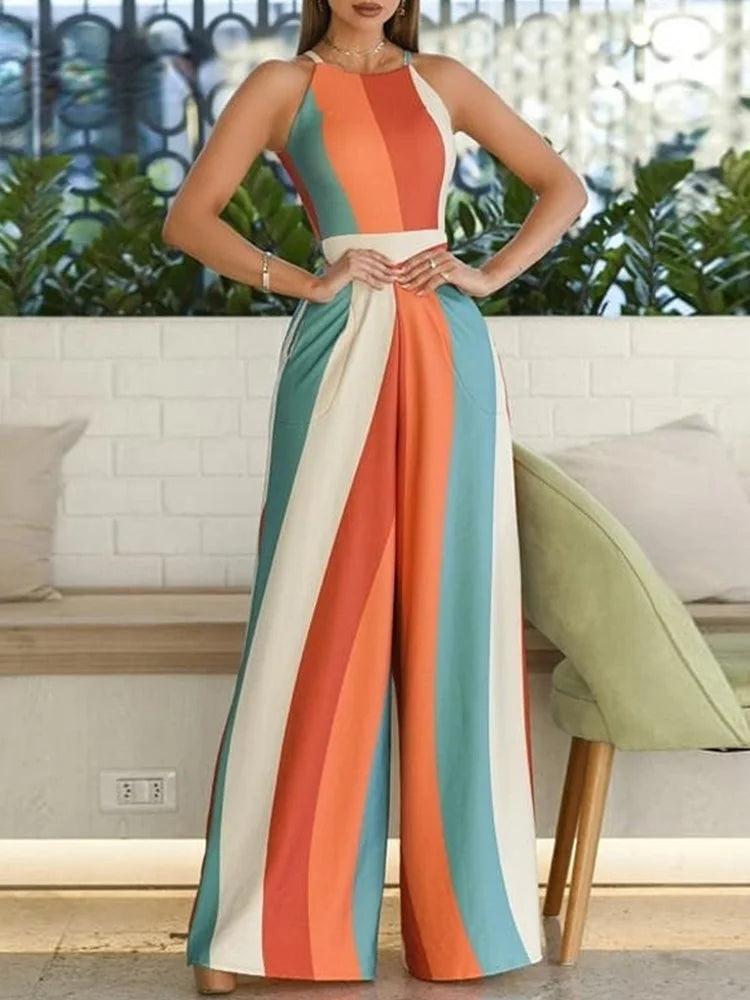 Rainbow Colorblock Striped Print Spaghetti Strap Wide Leg Sleeveless Jumpsuit