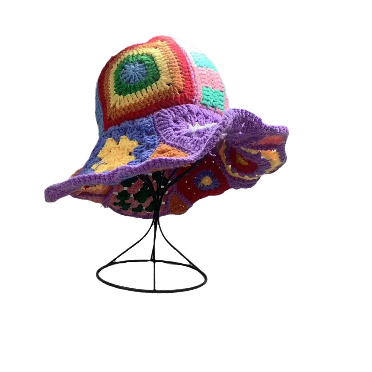 Handmade Knitted Crochet Large Brim Patchwork Flower Design Yarn Hook Needle Fisherman's Bucket Hat