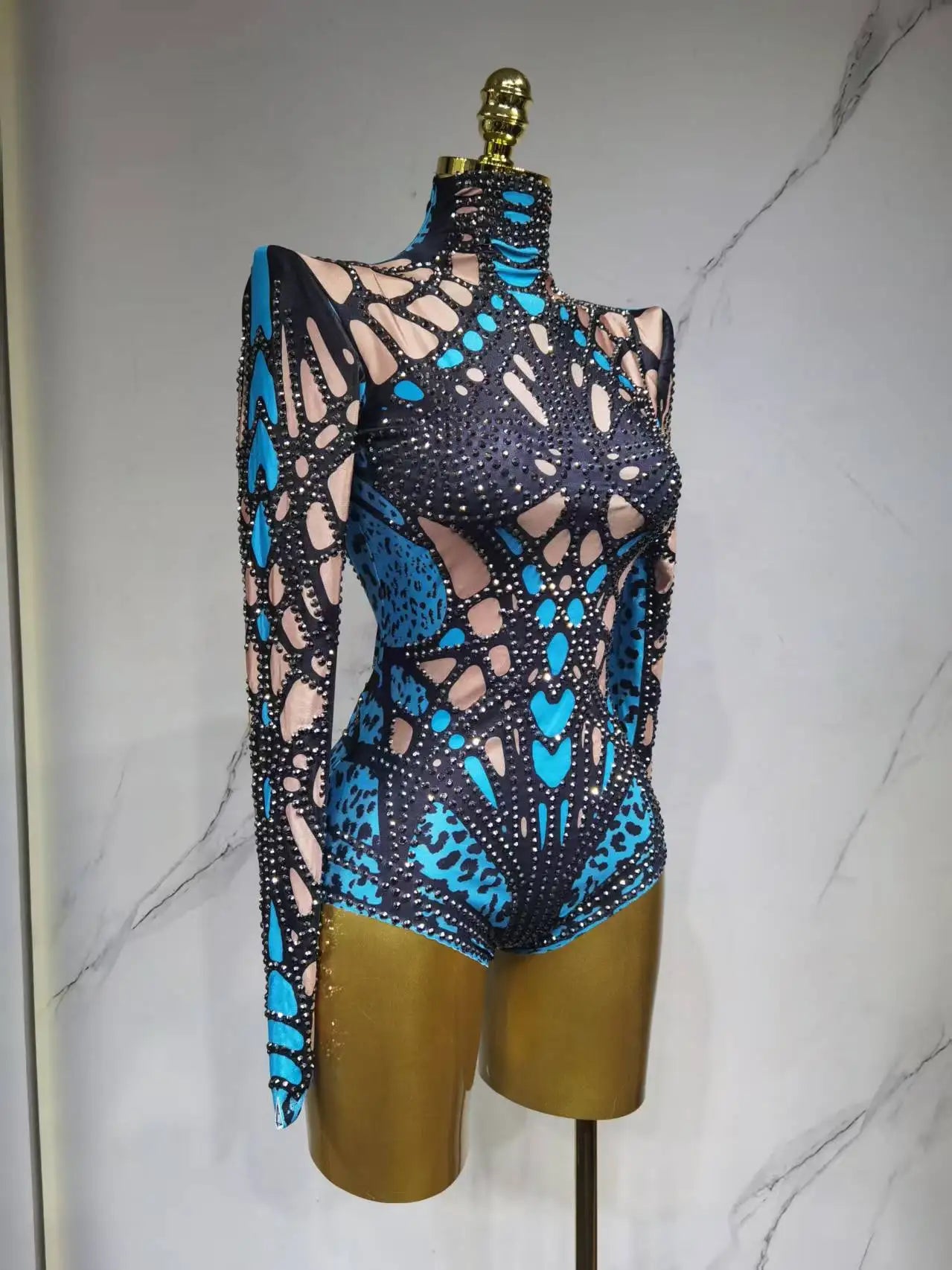 Sparkling Rhinestone Hollow-Out Long Sleeve Stage Formal Stage Performance Skin Tight Bodysuit