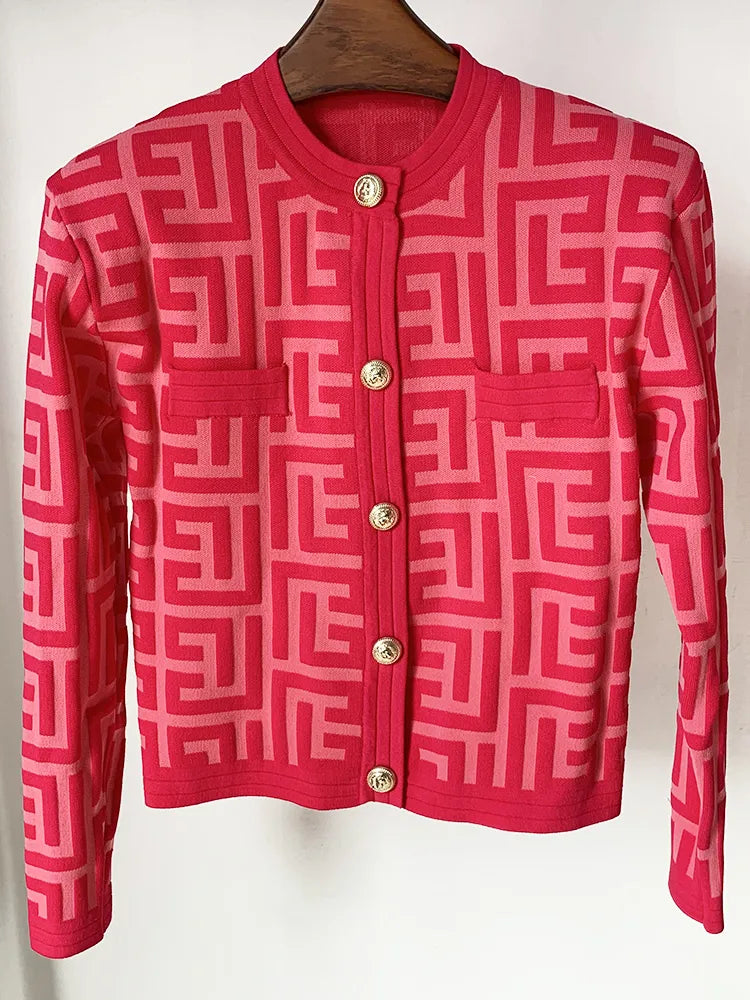 Pink Designer Lion Buttons Monogram Geometric Jacquard Knitted Sweater Cardigan/Matching Knitted Pants