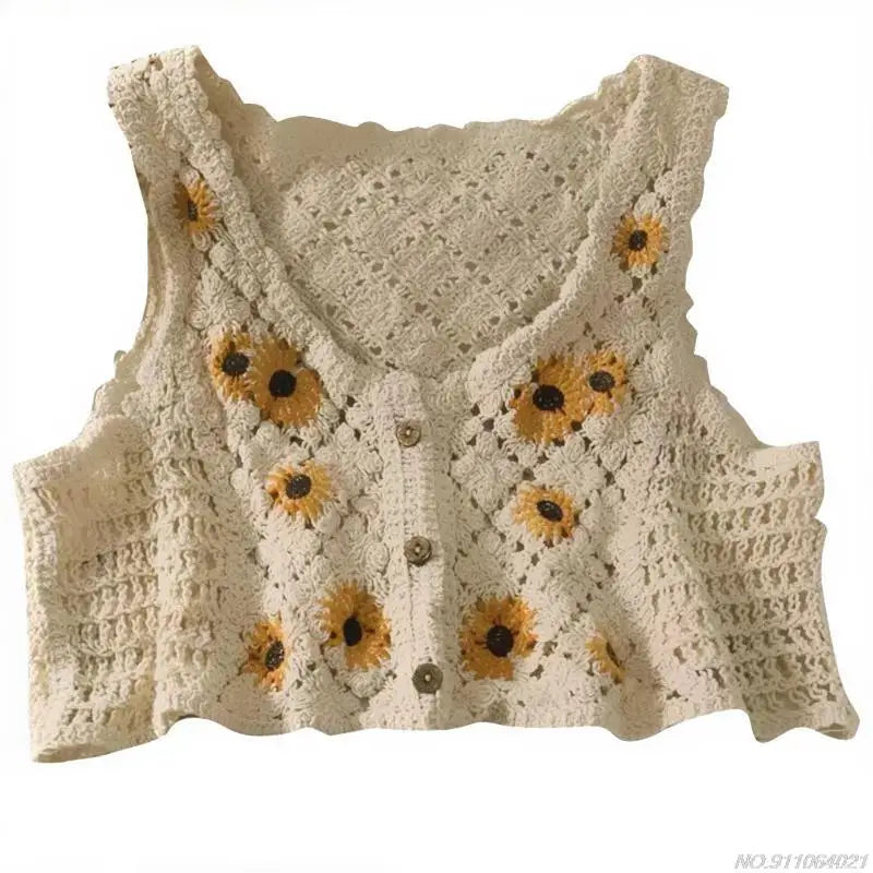 Crochet Multi-Colored Square Flower Design Knitted Square Neck Women's Sleeveless Cropped Tank Top