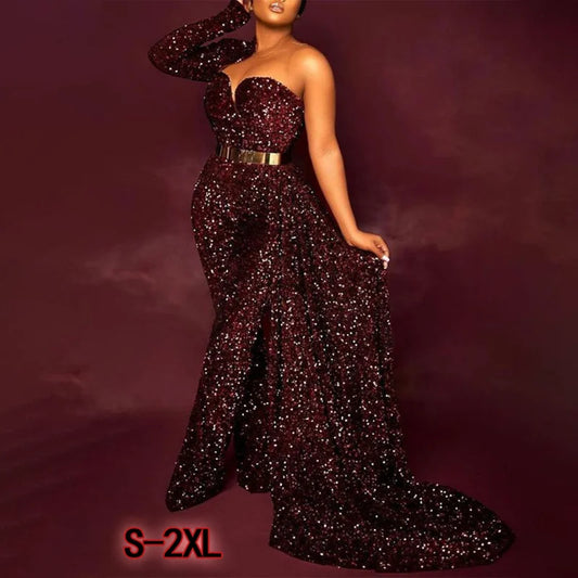 Burgundy Formal One Shoulder Sequined Glitter Off-the-Shoulder Jumpsuit w/ Gold Belt