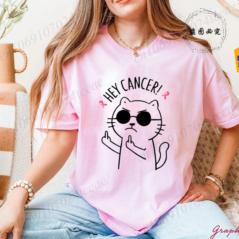 "Hey Cancer" 3D Cat Print Breast Cancer Awareness T-Shirt to 3X Plus Size