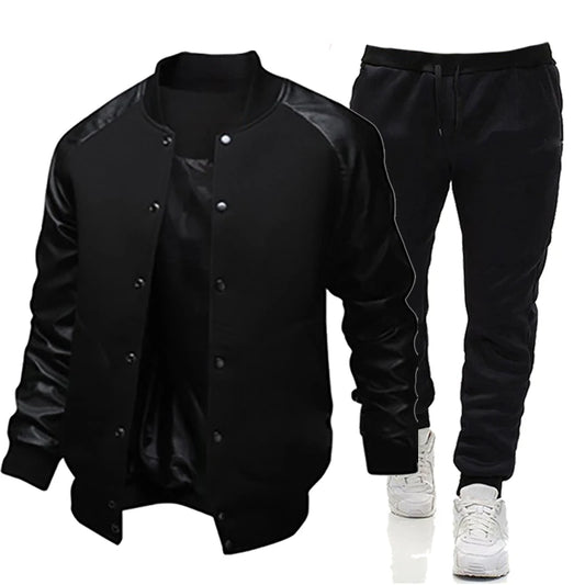 Men's Colorblock Button-Up Baseball Jackets + Solid Sweatpants Tracksuit