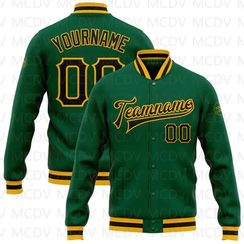 Customized Green Pink-White 3D Name  Letter Print Full-Snap Varsity Letterman Baseball Bomber Jacket