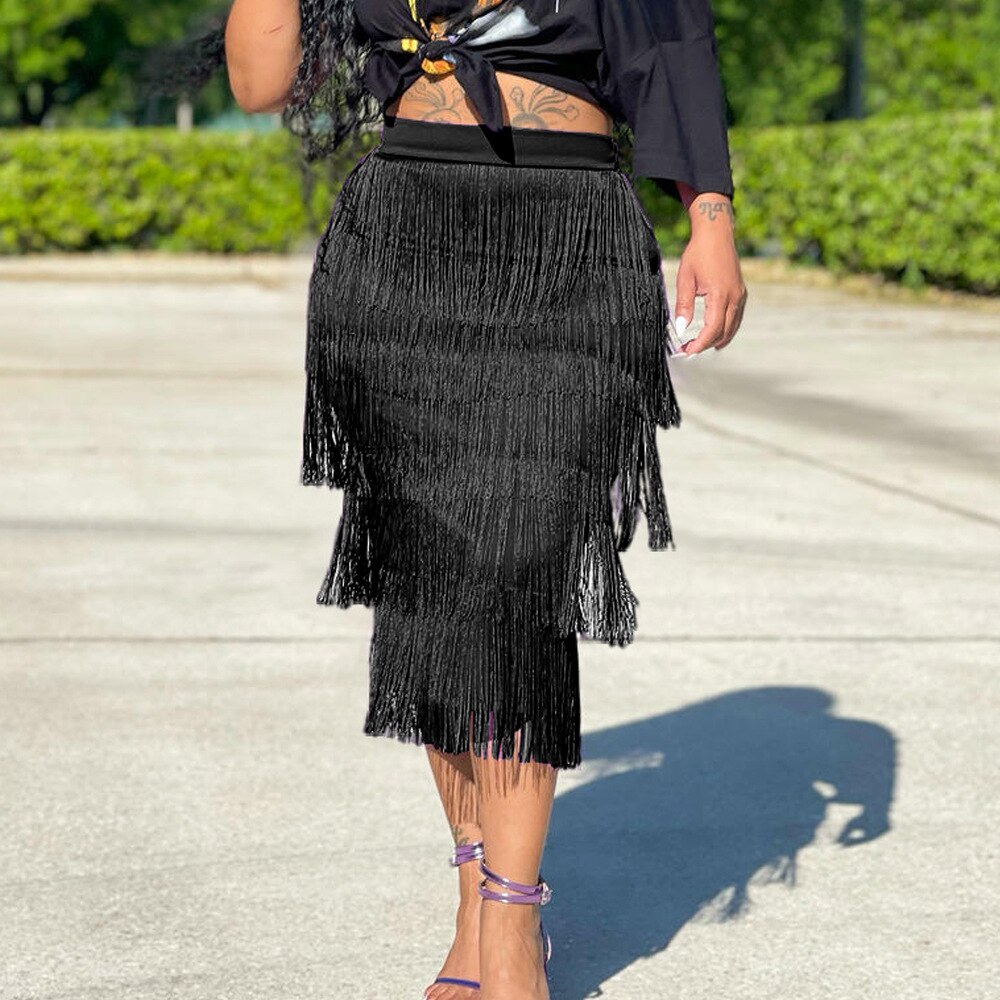 High Waist Tassels Midi Flapper Skirt to 4X