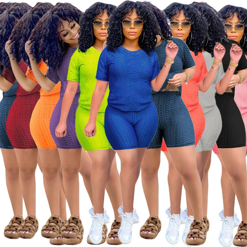Texturized Sportswear O-Neck Solid Color Short Sleeve Women's T-Shirt + Shorts 2-Piece Fitness Workout Set