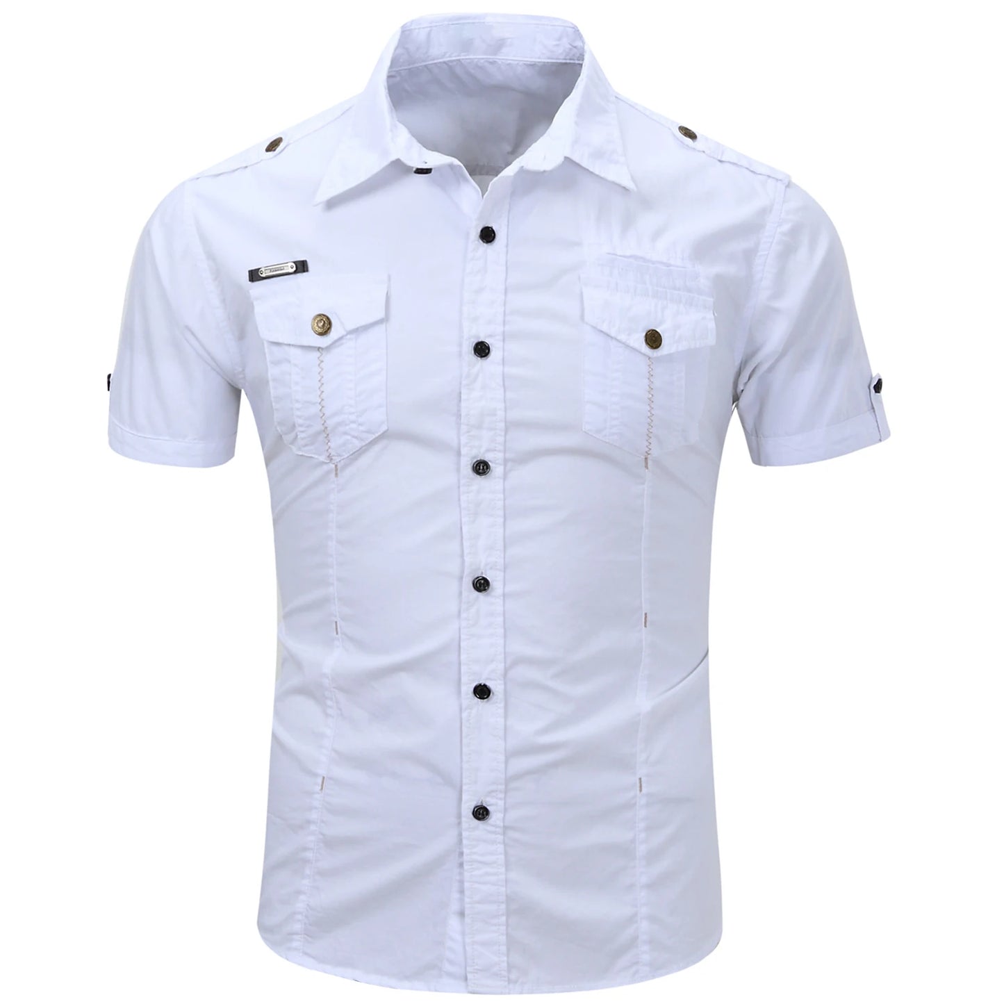 Men's Turn-Down Collar Safari Short Sleeve Casual Tactical 100% Cotton Cargo Pocket Shirt