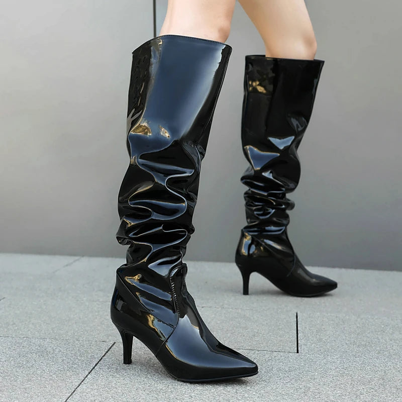 Ruched Metallic Mirror Pleated Patent Leather Pointed Toe Spike Heel Knee-High Boots