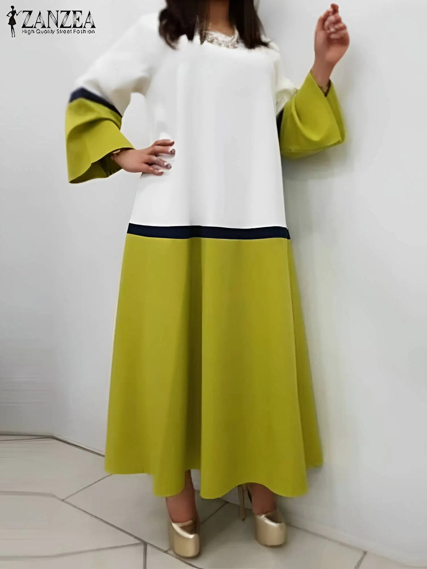 Oversized Colorblock O-Neck Loose Plus Size Long Flare Sleeve Patchwork Maxi Dress to 5X