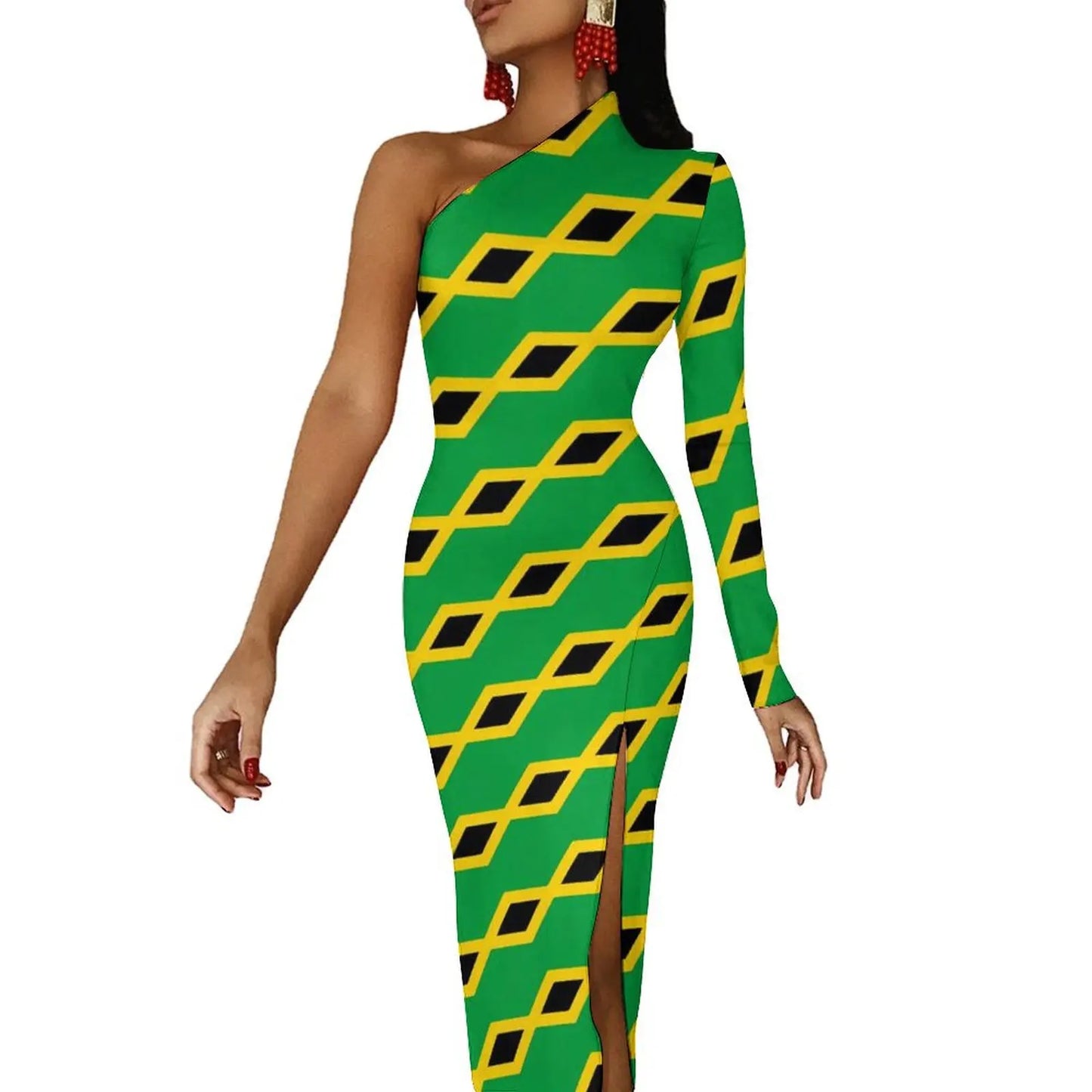 Jamaica Flag Colors Striped/Geometric/Camoflauge High Side Slit One Sleeve Streetwear Bodycon Maxi Dress