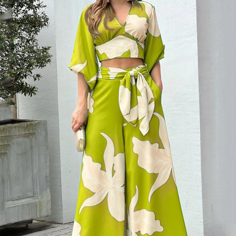 Floral Printed High Waist Wide Pants 3-Piece Set