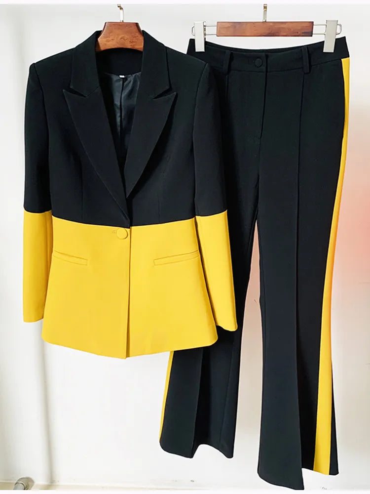 Designer Runway Suit: Women's Single Button Colorblock Blazer + Flare Pants to 4X