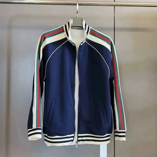 Men's Blue Striped Mandarin Collar + Jogger Sweatpants Tracksuit