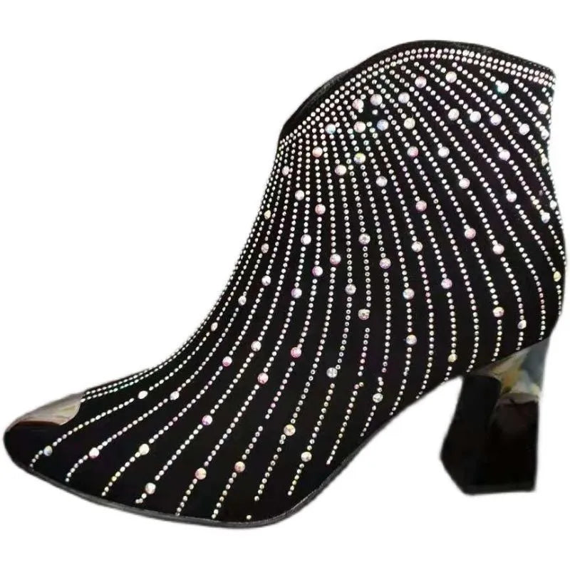 Rhinestone Black Side Zipper Pointed Toe Ankle Boots