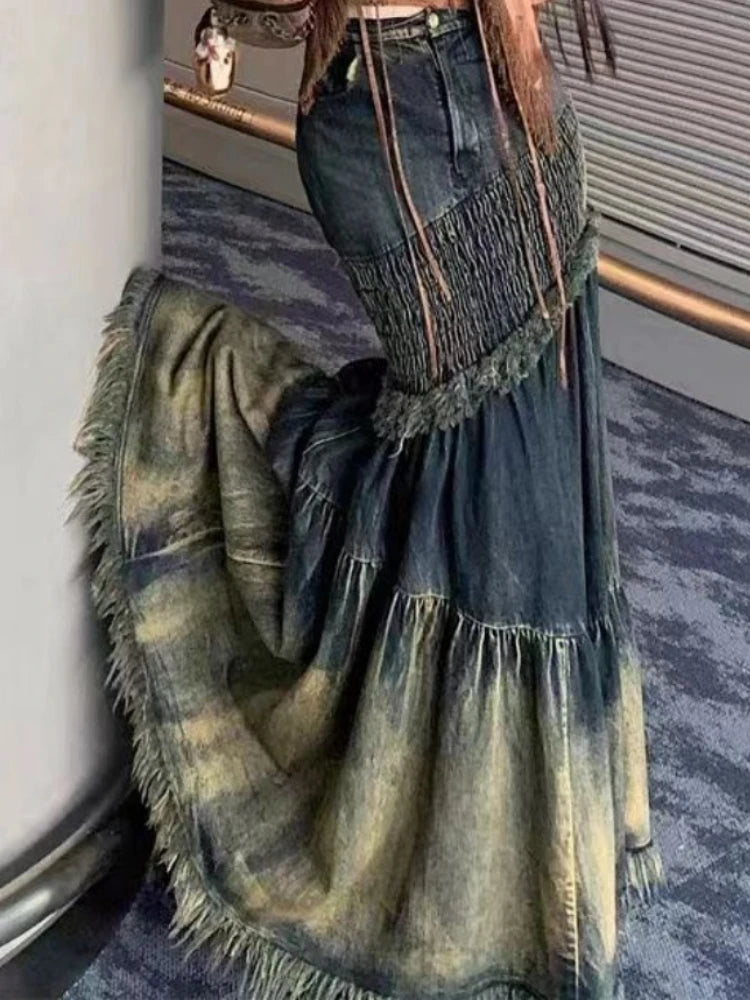 Denim Washed Colorblock Vintage Tassel Fringe Hem Oversized Tiered Ruffled Patchwork Maxi Mermaid Jean Skirt