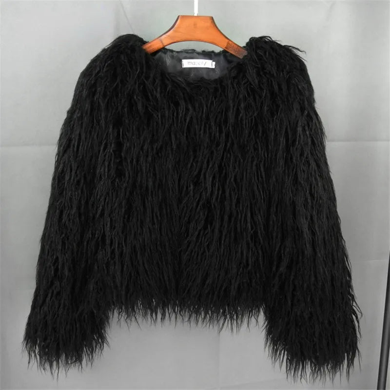 Fringe Shaggy Faux Fur Loose Women's Long Sleeve Jacket to 3x Plus Size