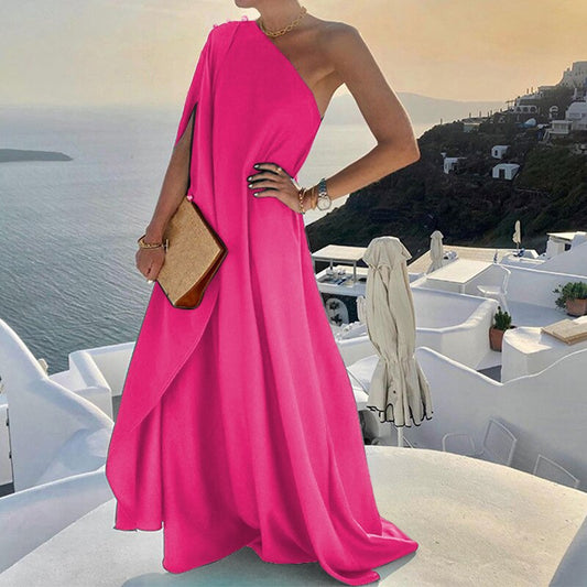 Skew Collar Asymmetrical One Shoulder Backless Irregular Loose Slit Maxi Dress