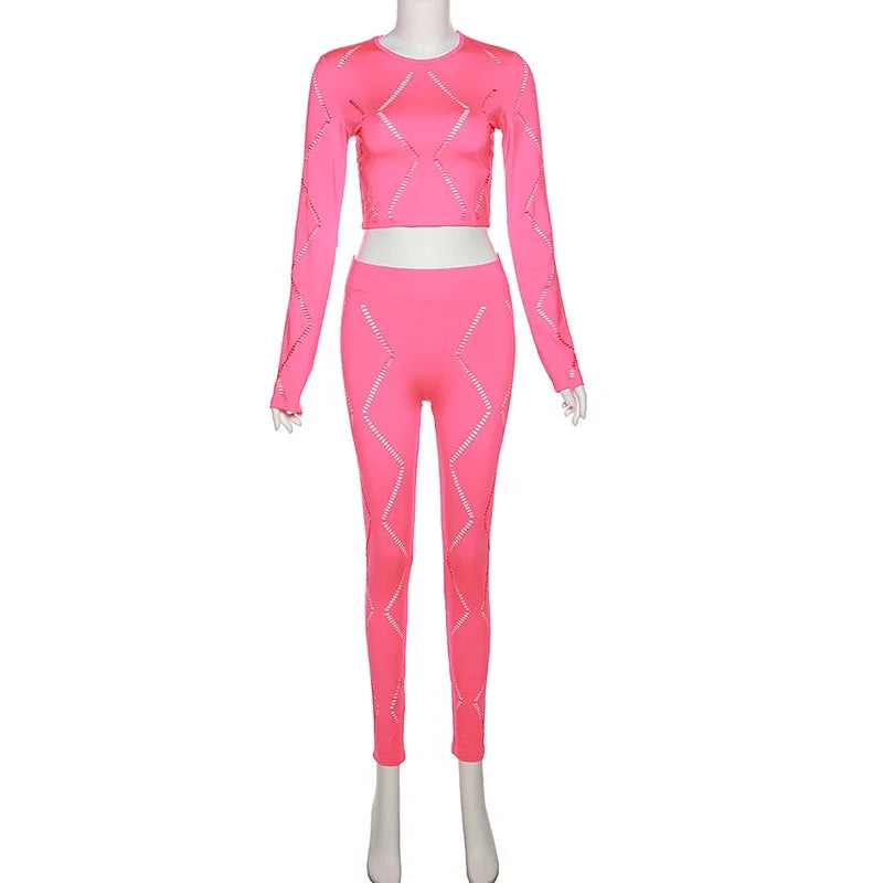 Knitted Geometric Pattern Long Sleeve Crop Top + Matching Biker Shorts Women's Solid Color 2-Piece Set
