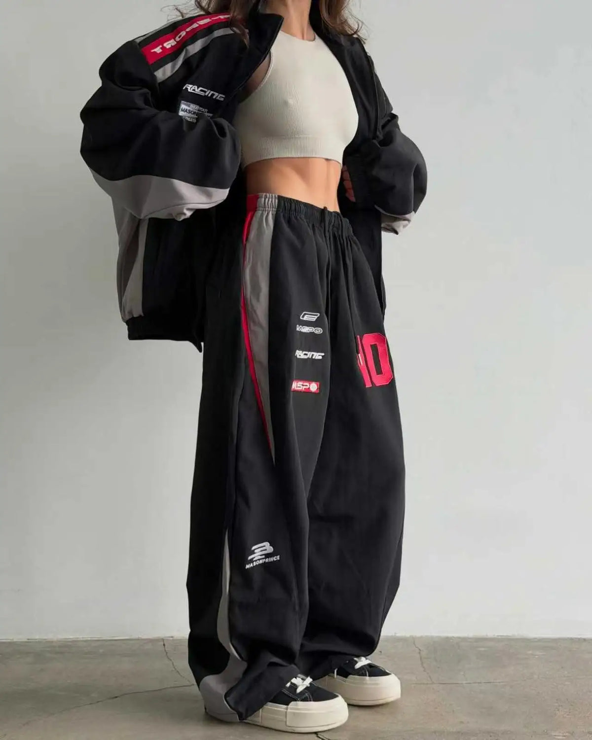 Racing Contrast Embroidered Loose Jacket + Wide Leg Sweatpants Women's Tracksuit