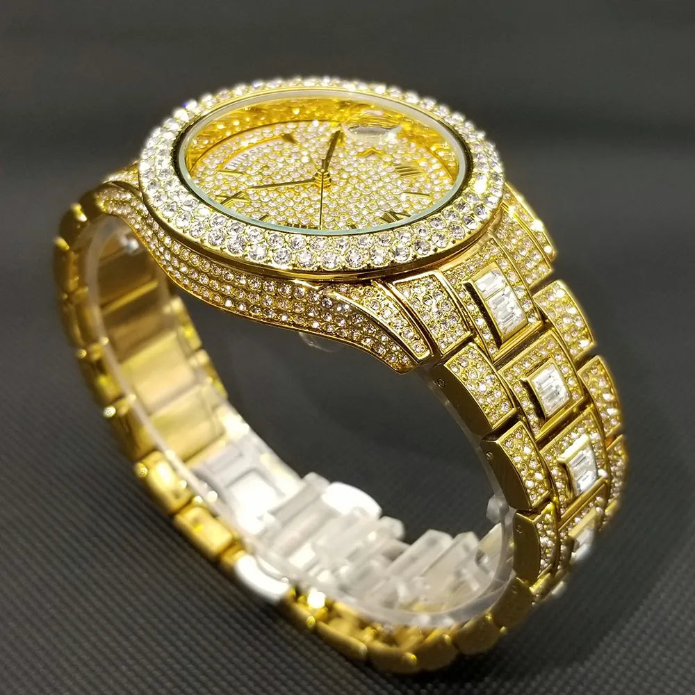 Iced Out Luxury Gold Full Diamond Hip Hop Waterproof Quartz Men's Watch