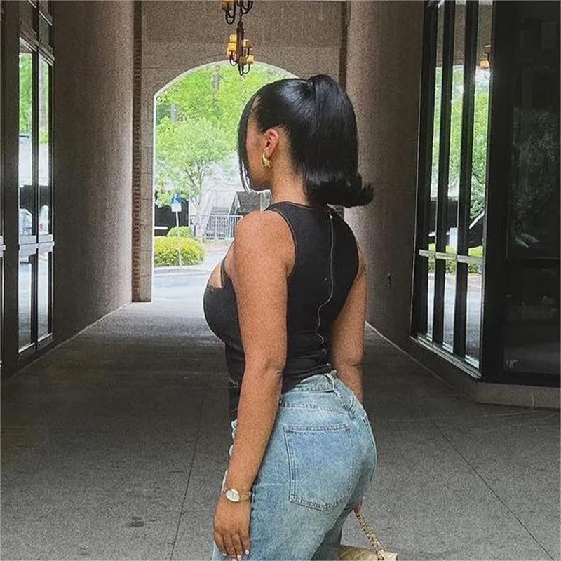 Denim Women's Solid Color Sleeveless O-Neck Hollow-Out Streetwear Zipper Back Jean Vest