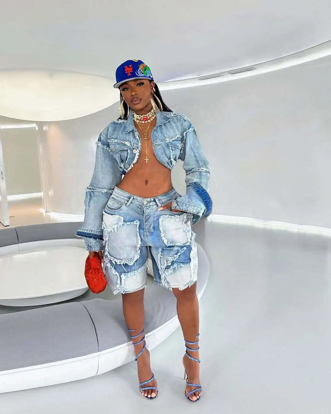 Denim Turn-Down Collar Cropped Jean Jacket + Ripped Colorblock Knee Length Shorts Women's 2-Piece Set