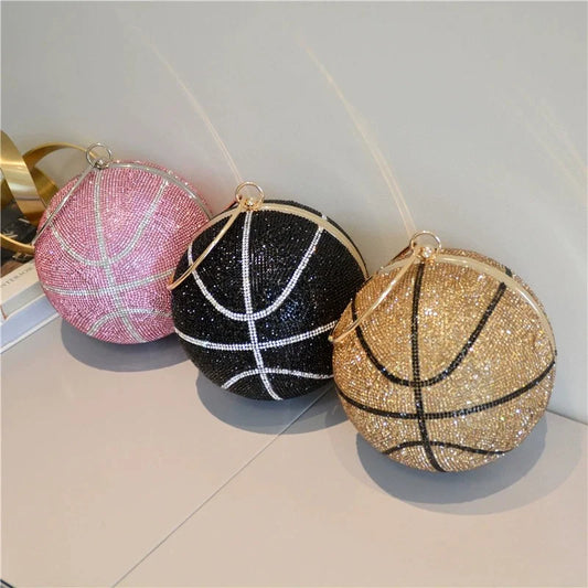 Glitter Crystal Rhinestone Bling Basketball Evening Chain Strap Clutch Purse