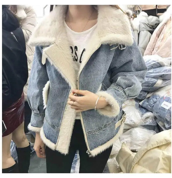 Denim Buckle Strap Detail Turn-Down Collar Wool Lined Pocketed Ladies Bomber Jean Jacket